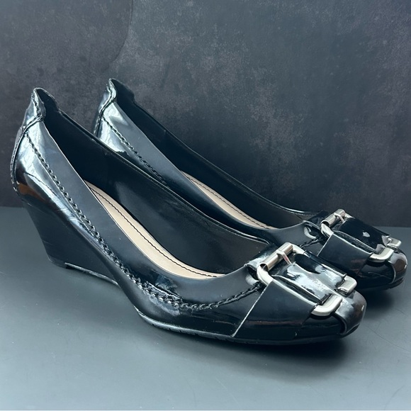 Nine West Shoes - Nine West Tuffy Black Patent Wedge Shoes with Buckles Size 6.5